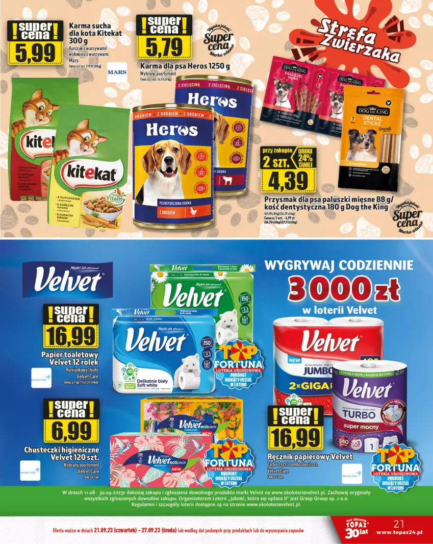 Gazetka promocyjna Topaz - Gazetka - ważna 21.09 do 27.09.2023 - strona 21 - produkty: KiteKat, Kurczak, Mars, Papier, Papier toaletowy, Rum, Top, Velvet, Warzywa, Wołowina