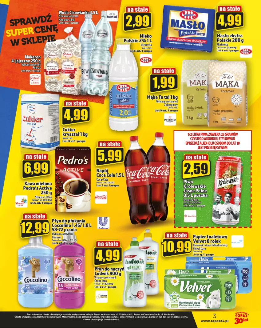 Gazetka promocyjna Topaz - Gazetka - ważna 21.09 do 27.09.2023 - strona 3 - produkty: Coccolino, Koc, Królewski, Ludwik, Mąka, Mąka pszenna, Masło, Mleko, Mlekovita, Mus, Napój, Papier, Papier toaletowy, Płyn do płukania, Rum, Top, Velvet, Vita C, Woda