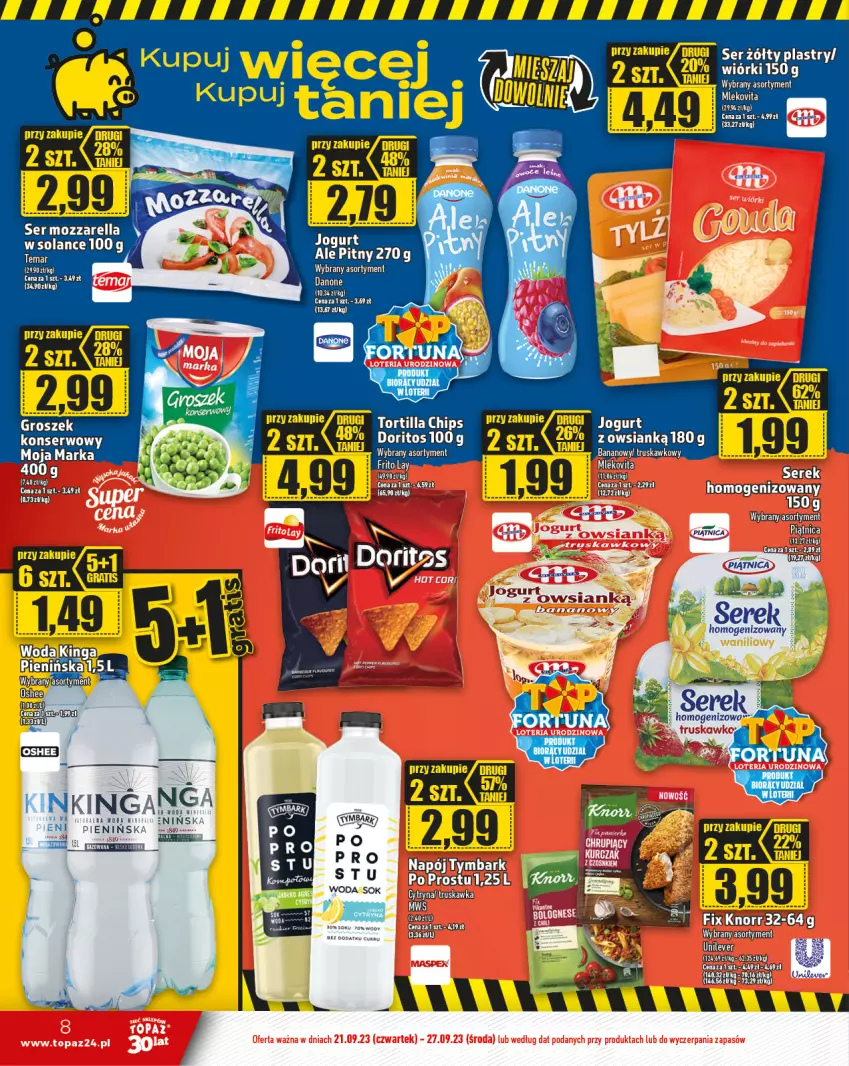 Gazetka promocyjna Topaz - Gazetka - ważna 21.09 do 27.09.2023 - strona 8 - produkty: Danone, Jogurt, Knorr, Mleko, Mlekovita, Mozzarella, Oshee, Piątnica, Por, Ser, Serek, Tortilla, Tortilla Chips, Woda