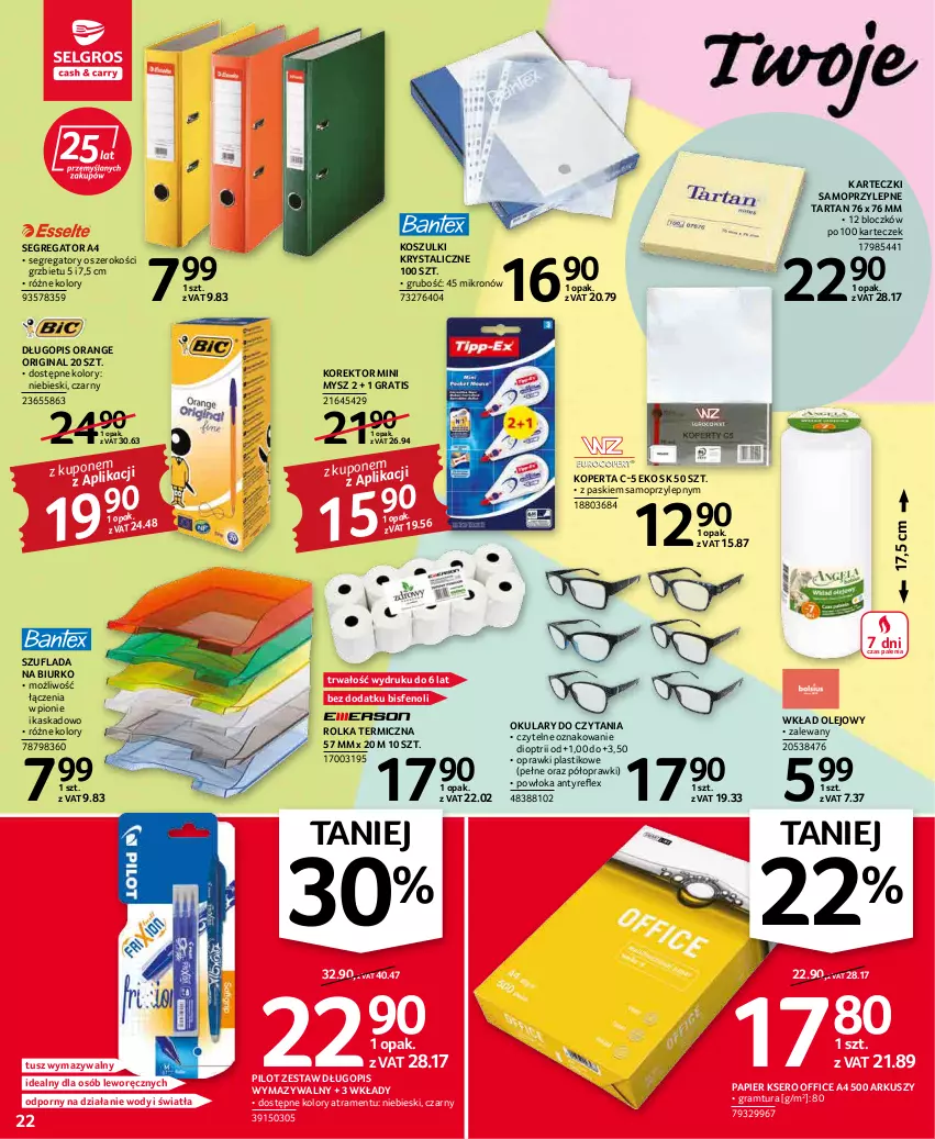 Gazetka promocyjna Selgros - Oferta przemysłowa - ważna 17.03 do 30.03.2022 - strona 22 - produkty: Biurko, Długopis, Gin, Gra, Karteczki samoprzylepne, Kask, Kosz, Mop, Mysz, Okulary do czytania, Olej, Papier, Por, Ser, Tarta, Tusz, Wkład olejowy