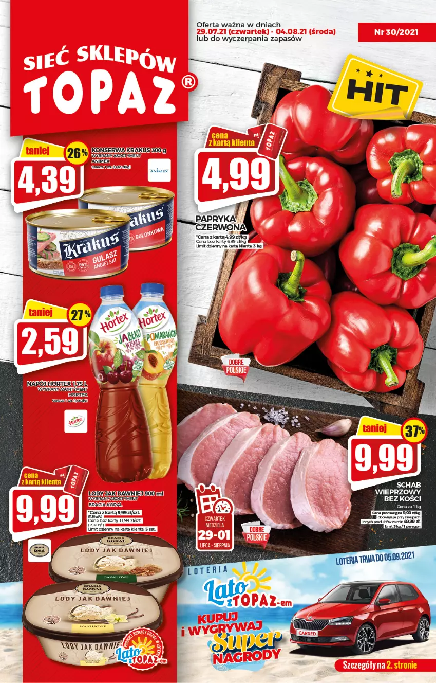 Gazetka promocyjna Topaz - Gazetka - ważna 29.07 do 04.08.2021 - strona 1 - produkty: Fa, Hortex, Krakus, Lody, Napój, Ser