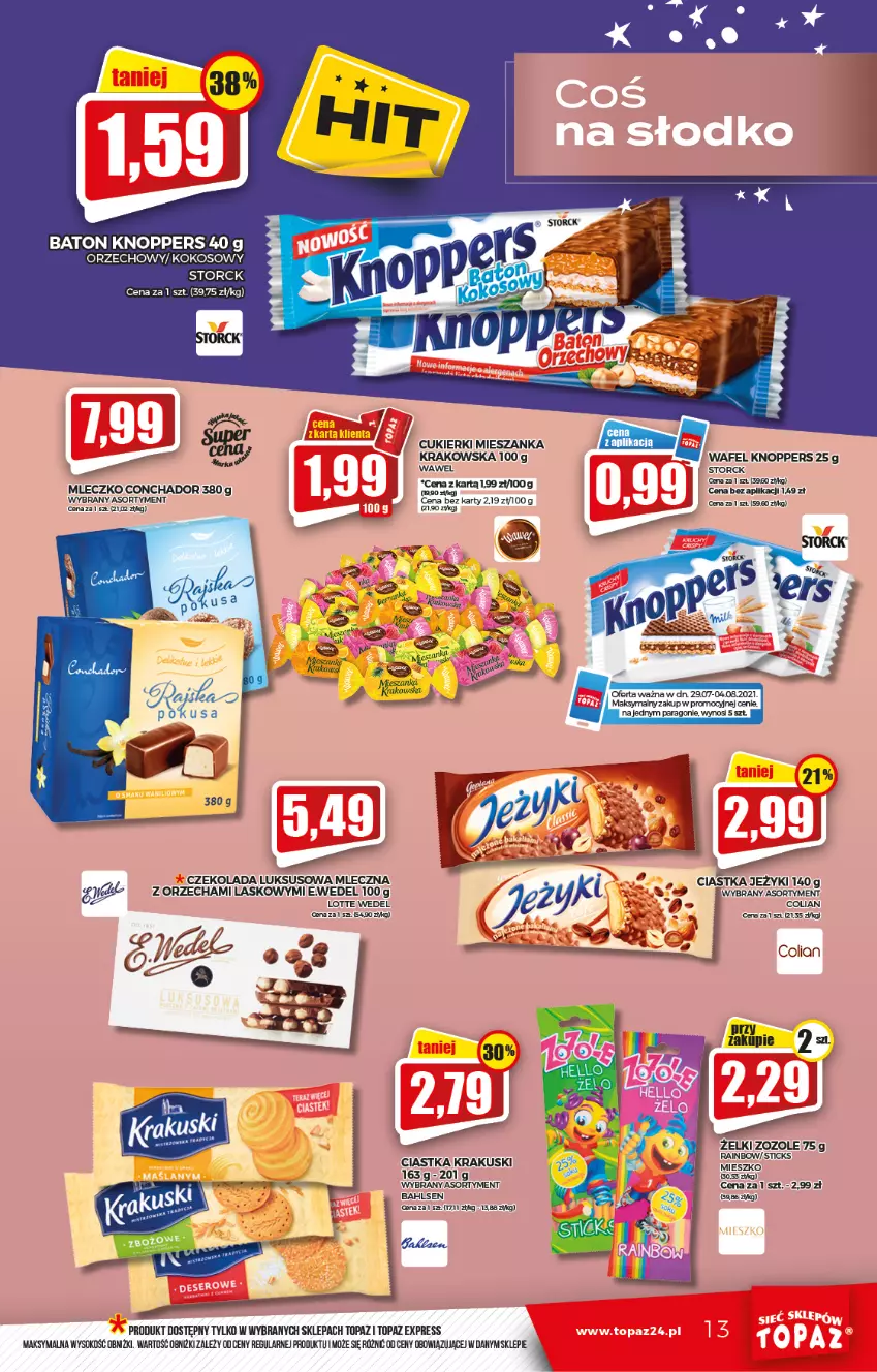 Gazetka promocyjna Topaz - Gazetka - ważna 29.07 do 04.08.2021 - strona 13 - produkty: Baton, Ciastka, Cukier, Cukierki, Czekolada, Jeżyki, Knoppers, Kokos, Krakus, Krakuski, Mleczko, Sok, Top, Wawel