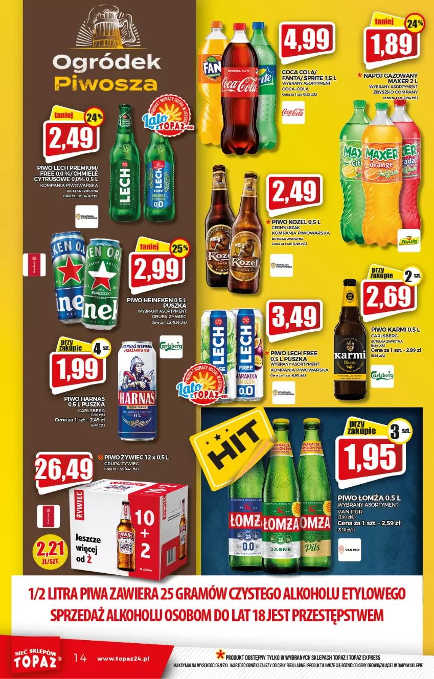 Gazetka promocyjna Topaz - Gazetka - ważna 29.07 do 04.08.2021 - strona 14 - produkty: Carlsberg, Gra, Harnaś, Heineken, Karmi, Kozel, Piwa, Piwo, Sok, Top