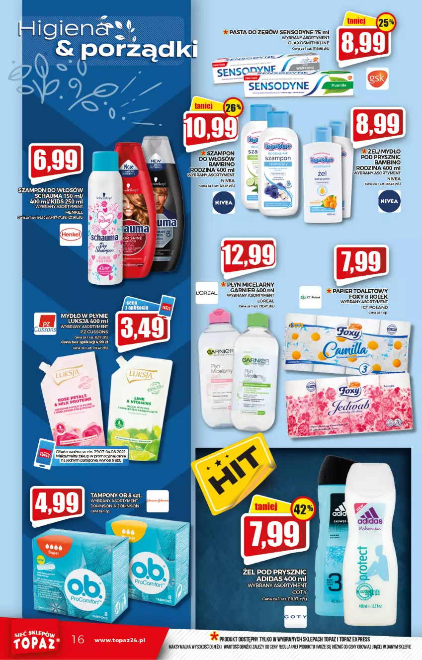 Gazetka promocyjna Topaz - Gazetka - ważna 29.07 do 04.08.2021 - strona 16 - produkty: Adidas, Fa, Foxy, Garnier, Luksja, Mus, Mydło, Mydło w płynie, Nivea, Papier, Papier toaletowy, Pasta do zębów, Płyn micelarny, Schauma, Sensodyne, Sok, Tampony, Top