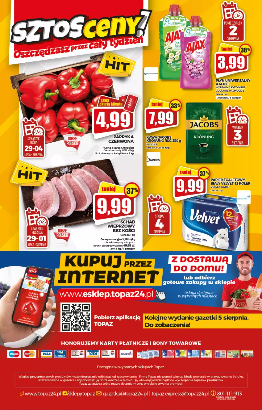 Gazetka promocyjna Topaz - Gazetka - ważna 29.07 do 04.08.2021 - strona 20 - produkty: Ajax, Colgate, Jacobs, Kawa, LG, Olej, Palmolive, Papier, Papier toaletowy, Papryka, Papryka czerwona, Schab wieprzowy, Velvet