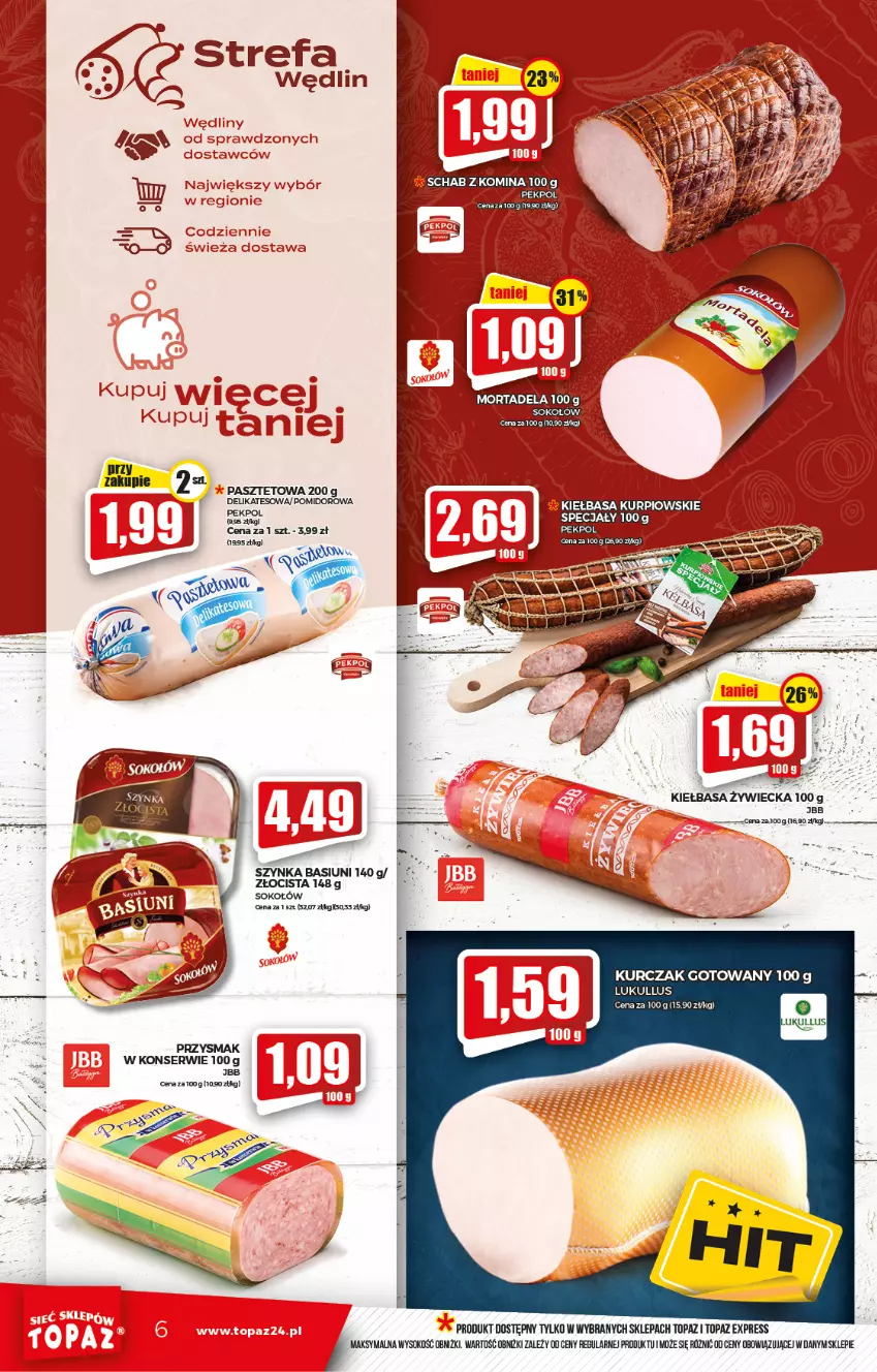 Gazetka promocyjna Topaz - Gazetka - ważna 29.07 do 04.08.2021 - strona 6 - produkty: Fa, Kiełbasa, Kurczak, Kurczak gotowany, Ser, Sok, Sokołów, Szynka, Top