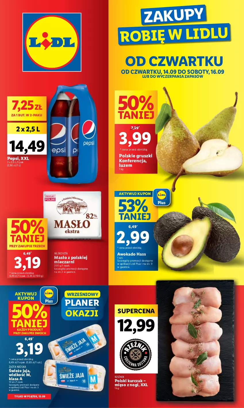 Gazetka promocyjna Lidl - GAZETKA - ważna 14.09 do 16.09.2023 - strona 1 - produkty: Gruszki, Jaja, Kurczak, Masło, Mięso, Mleko, Mlekovita, Pepsi