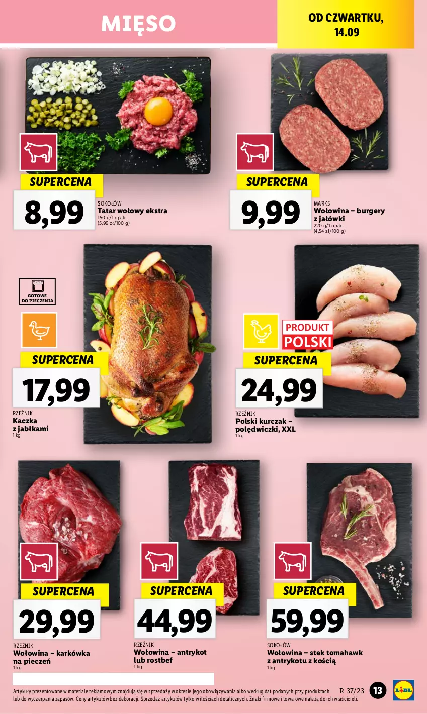 Gazetka promocyjna Lidl - GAZETKA - ważna 14.09 do 16.09.2023 - strona 23 - produkty: Burger, Jabłka, Kaczka, Kurczak, Mięso, Piec, Rostbef, Sok, Sokołów, Stek, Tatar wołowy, Wołowina