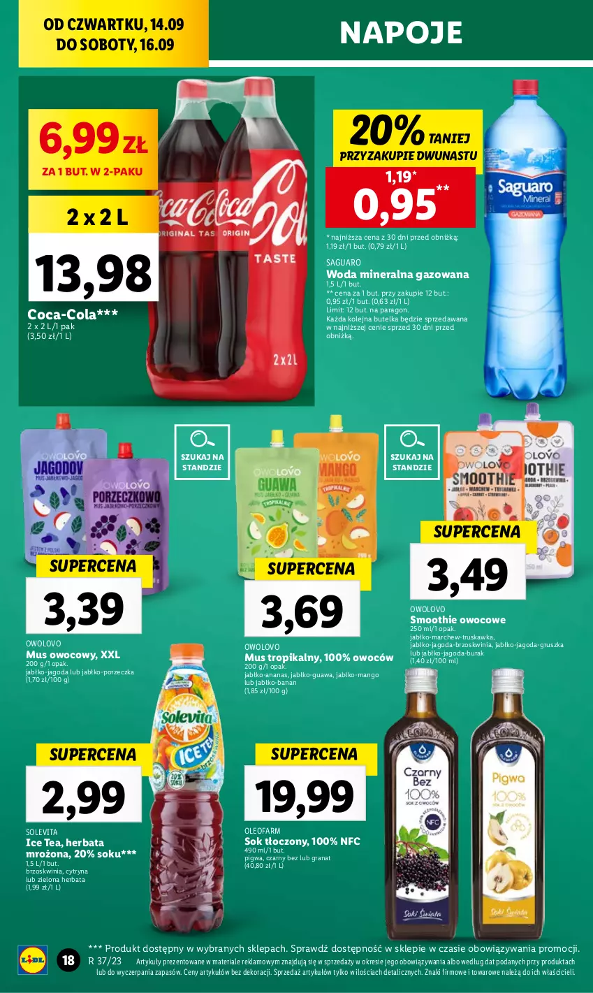 Gazetka promocyjna Lidl - GAZETKA - ważna 14.09 do 16.09.2023 - strona 28 - produkty: Ananas, Coca-Cola, Fa, Gra, Granat, Herbata, Ice tea, Mango, Mus, Napoje, Olej, Oleo, Oleofarm, Por, Smoothie, Sok, Woda, Woda mineralna