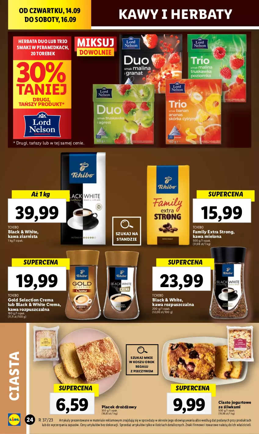 Gazetka promocyjna Lidl - GAZETKA - ważna 14.09 do 16.09.2023 - strona 34 - produkty: Ciasto jogurtowe, Fa, Herbata, Jogurt, Kawa, Kawa mielona, Kawa rozpuszczalna, Kawa ziarnista, Kosz, Lack, Piec, Regał, Tchibo