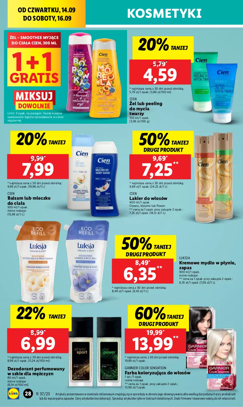 Gazetka promocyjna Lidl - GAZETKA - ważna 14.09 do 16.09.2023 - strona 40 - produkty: Dezodorant, Fa, Garnier, Gra, Lakier, Lakier do włosów, Luksja, Mleczko, Mleczko do ciała, Mydło, Mydło w płynie, Olej, Peeling, Perfum, Sati, Smoothie