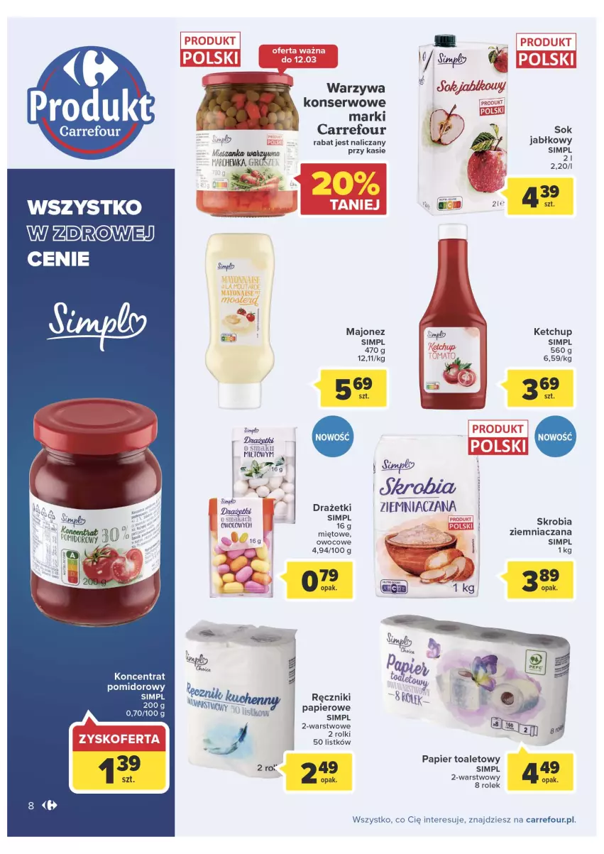 Gazetka promocyjna Carrefour - Gazetka Marka Carrefour - ważna 08.03 do 19.03.2022 - strona 8 - produkty: Ketchup, Koncentrat pomidorowy, Majonez, Marchewka, Papier, Papier toaletowy, Ręcznik, Rolki, Ser, Sok, Warzywa