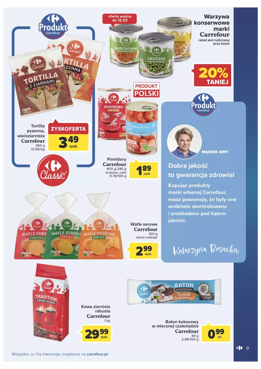 Gazetka promocyjna Carrefour - Gazetka Marka Carrefour - ważna 08.03 do 19.03.2022 - strona 9 - produkty: Acer, Baton, Groszek, Kawa, Kawa ziarnista, Kokos, Pomidory, Ser, Wafle, Warzywa, Warzywa konserwowe