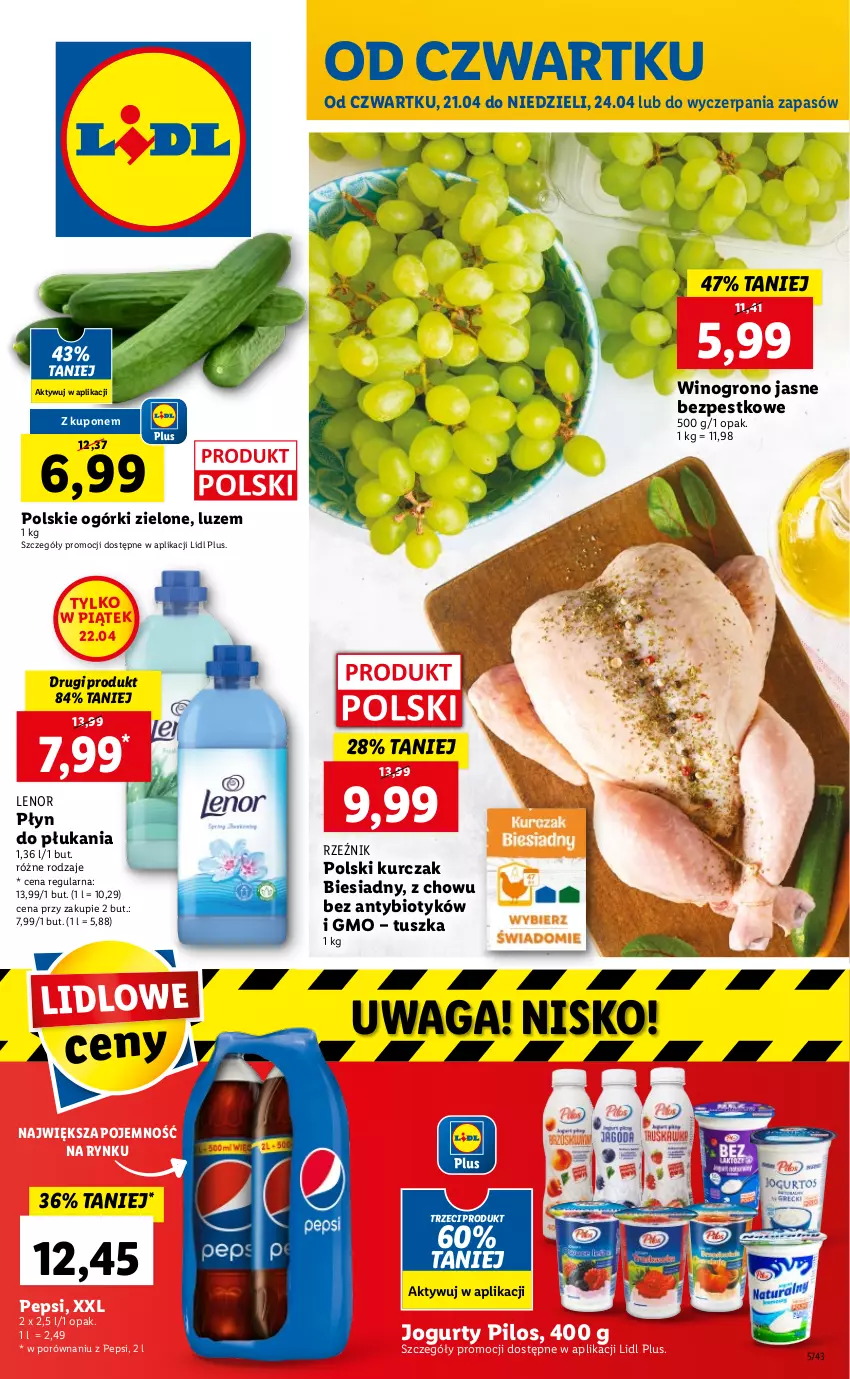 Gazetka promocyjna Lidl - GAZETKA - ważna 21.04 do 24.04.2022 - strona 1 - produkty: Jogurt, Kurczak, Lenor, Pepsi, Pilos, Płyn do płukania, Por, Tusz, Waga, Wino