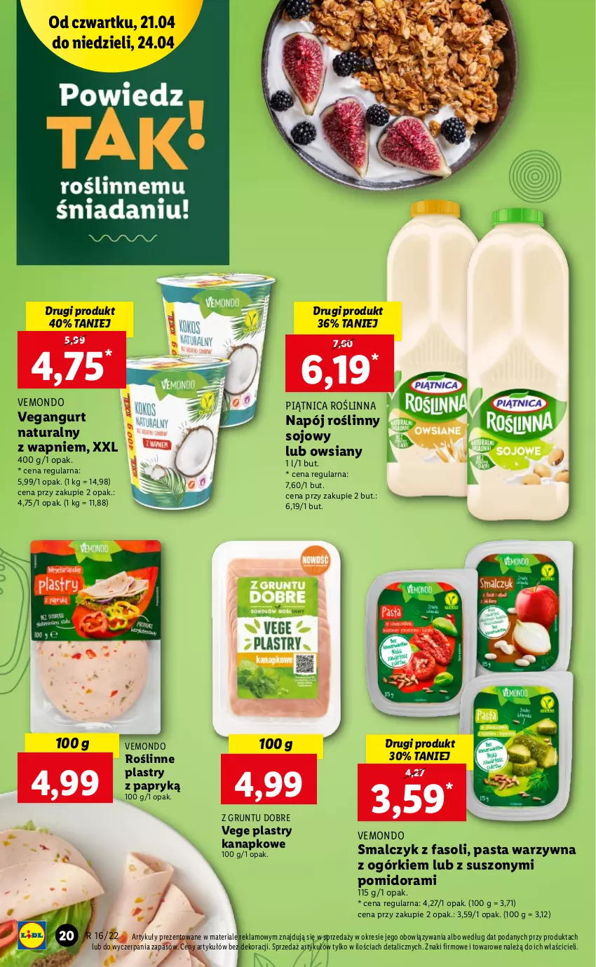 Gazetka promocyjna Lidl - GAZETKA - ważna 21.04 do 24.04.2022 - strona 20 - produkty: Fa, Grunt, Napój, Napój roślinny, Pasta warzywna, Piątnica, Vegangurt, Z gruntu dobre