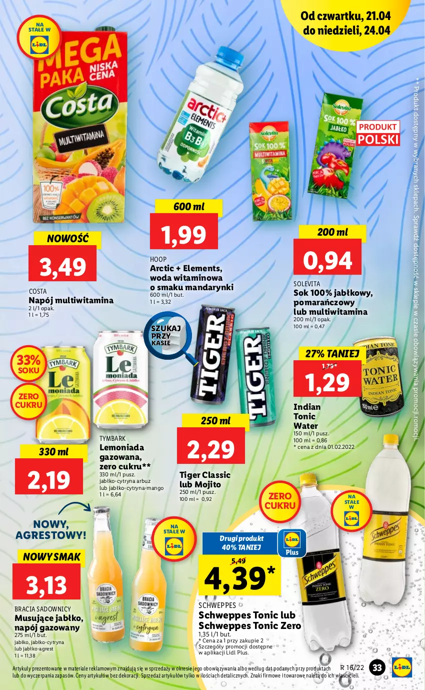 Gazetka promocyjna Lidl - GAZETKA - ważna 21.04 do 24.04.2022 - strona 33 - produkty: Arbuz, Gres, Hoop, Lemoniada, Mandarynki, Mango, Mus, Napój, Napój gazowany, Schweppes, Sok, Tiger, Tymbark, Woda