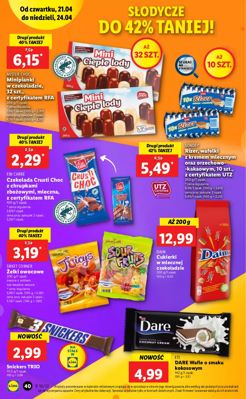 Gazetka promocyjna Lidl - GAZETKA - ważna 21.04 do 24.04.2022 - strona 40 - produkty: Cukier, Cukierki, Czekolada, Fa, Kakao, Kokos, Owoce, Rust, Snickers, Sok, Wafle