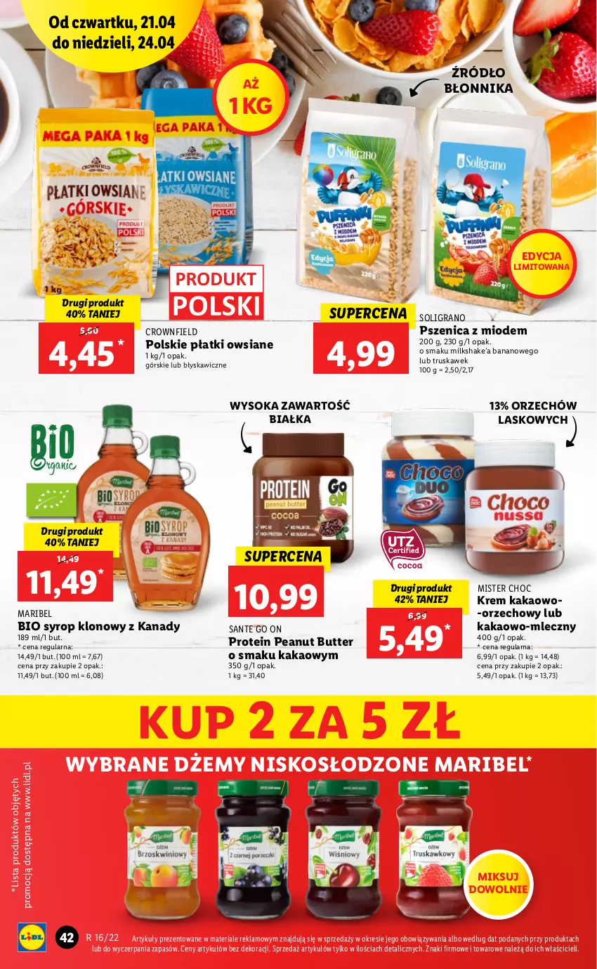 Gazetka promocyjna Lidl - GAZETKA - ważna 21.04 do 24.04.2022 - strona 42 - produkty: Dżem, Gra, Kakao, Płatki owsiane, Sante, Sok, Soligrano, Syrop