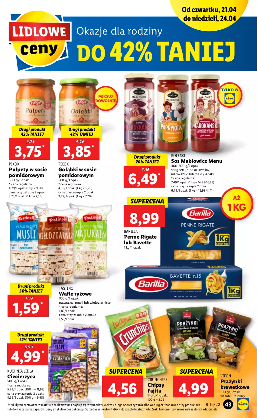 Gazetka promocyjna Lidl - GAZETKA - ważna 21.04 do 24.04.2022 - strona 43 - produkty: Barilla, Chipsy, Crunchips, Fa, Kuchnia, Mus, Penne, PIKOK, Pulpety, Ryż, Sos, Spaghetti, Wafle, Wasa