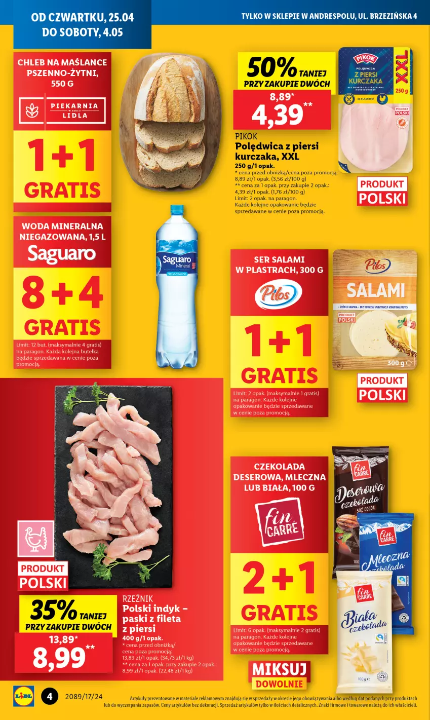 Gazetka promocyjna Lidl - Nowy Lidl w Andrespolu - ważna 25.04 do 04.05.2024 - strona 4 - produkty: Chleb, Czekolada, Deser, Gra, Kurczak, Olej, PIKOK, Polędwica, Ser, Woda, Woda mineralna