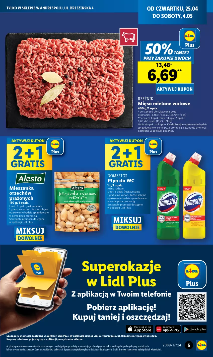 Gazetka promocyjna Lidl - Nowy Lidl w Andrespolu - ważna 25.04 do 04.05.2024 - strona 5 - produkty: Domestos, Dres, Gra, Mięso, Mięso mielone, Olej, Płyn do wc