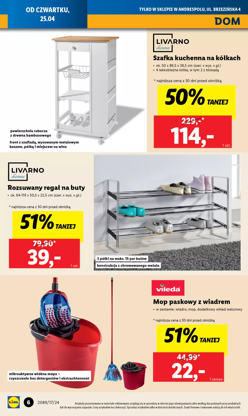 Gazetka promocyjna Lidl - Nowy Lidl w Andrespolu - ważna 25.04 do 04.05.2024 - strona 6 - produkty: Buty, Dres, Ivar, Kosz, Mop, Regał, Szafka, Szafka kuchenna, Wiadro, Wino