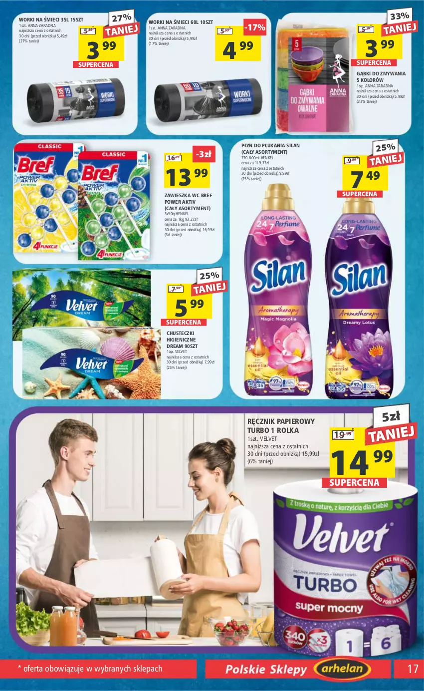 Gazetka promocyjna Arhelan - Gazetka - ważna 12.01 do 21.01.2024 - strona 17 - produkty: Bref, Chusteczki, Papier, Płyn do płukania, Ręcznik, Silan, Velvet, Worki na śmiec, Worki na śmieci