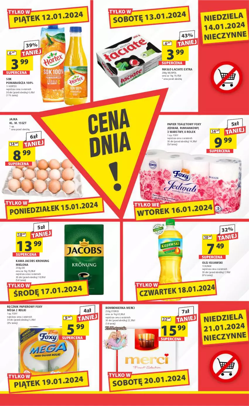 Gazetka promocyjna Arhelan - Gazetka - ważna 12.01 do 21.01.2024 - strona 3 - produkty: Foxy, Hortex, Jacobs, Kawa, Kujawski, Masło, Merci, Olej, Papier, Papier toaletowy, Ręcznik, Rolki, Rum, Sok