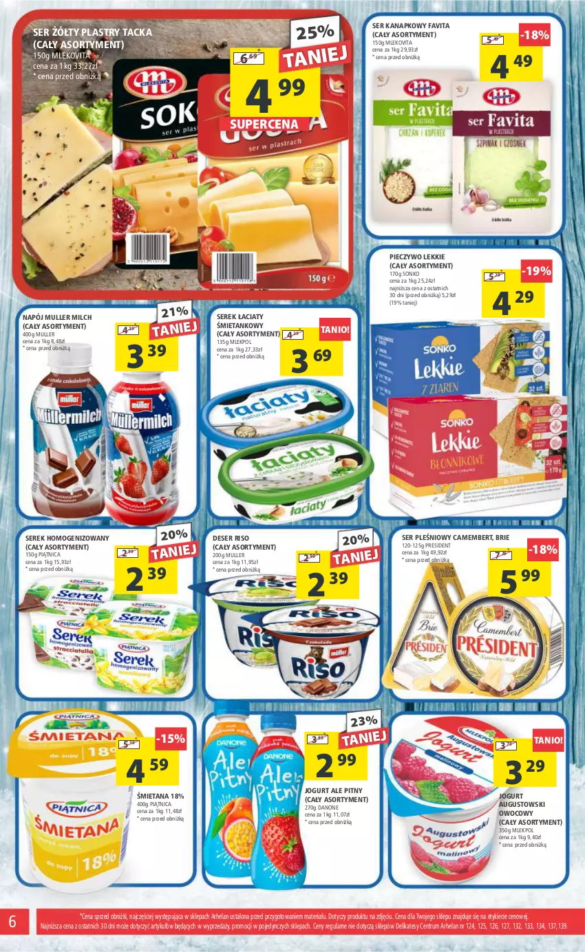 Gazetka promocyjna Arhelan - Gazetka - ważna 12.01 do 21.01.2024 - strona 6 - produkty: Brie, Camembert, Danone, Deser, Fa, Favita, Jogurt, Mleko, Mlekovita, Napój, Piątnica, Piec, Pieczywo, Rum, Ser, Ser pleśniowy, Serek, Serek homogenizowany, Sonko, Vita C