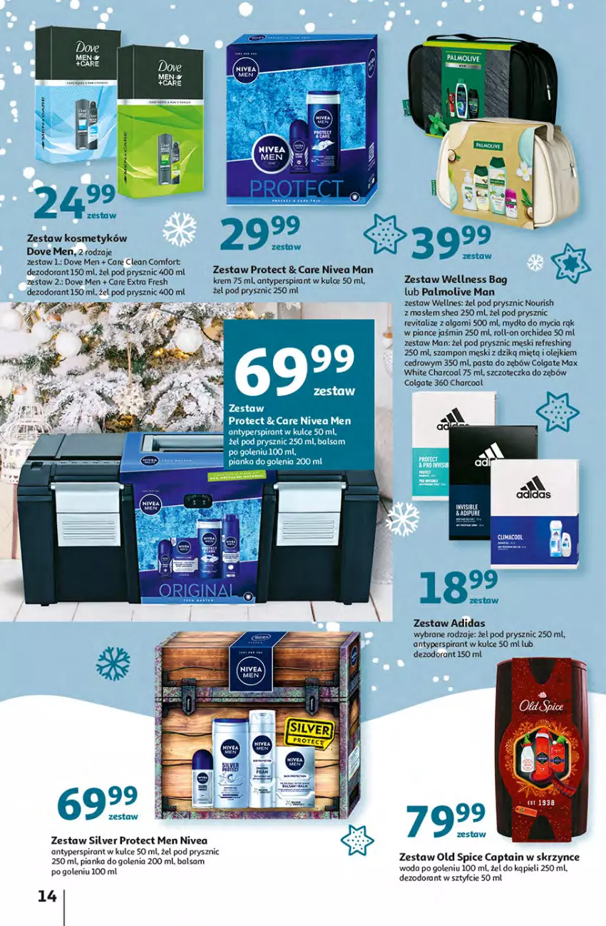 Gazetka promocyjna Auchan - Magia dekoracji Hipermarkety - ważna 25.11 do 01.12.2021 - strona 14 - produkty: Adidas, Antyperspirant, Colgate, Dezodorant, Dove, Fa, LG, Mydło, Nivea, Nivea Men, Old Spice, Olej, Palmolive, Pasta do zębów, Pianka do golenia, Pur, Szampon, Szczoteczka, Szczoteczka do zębów, Woda, Woda po goleniu, Zestaw wellness