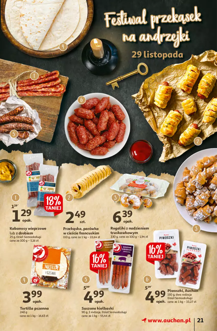 Gazetka promocyjna Auchan - Magia dekoracji Hipermarkety - ważna 25.11 do 01.12.2021 - strona 21 - produkty: Kabanos, Piwo, Rogal, Tortilla