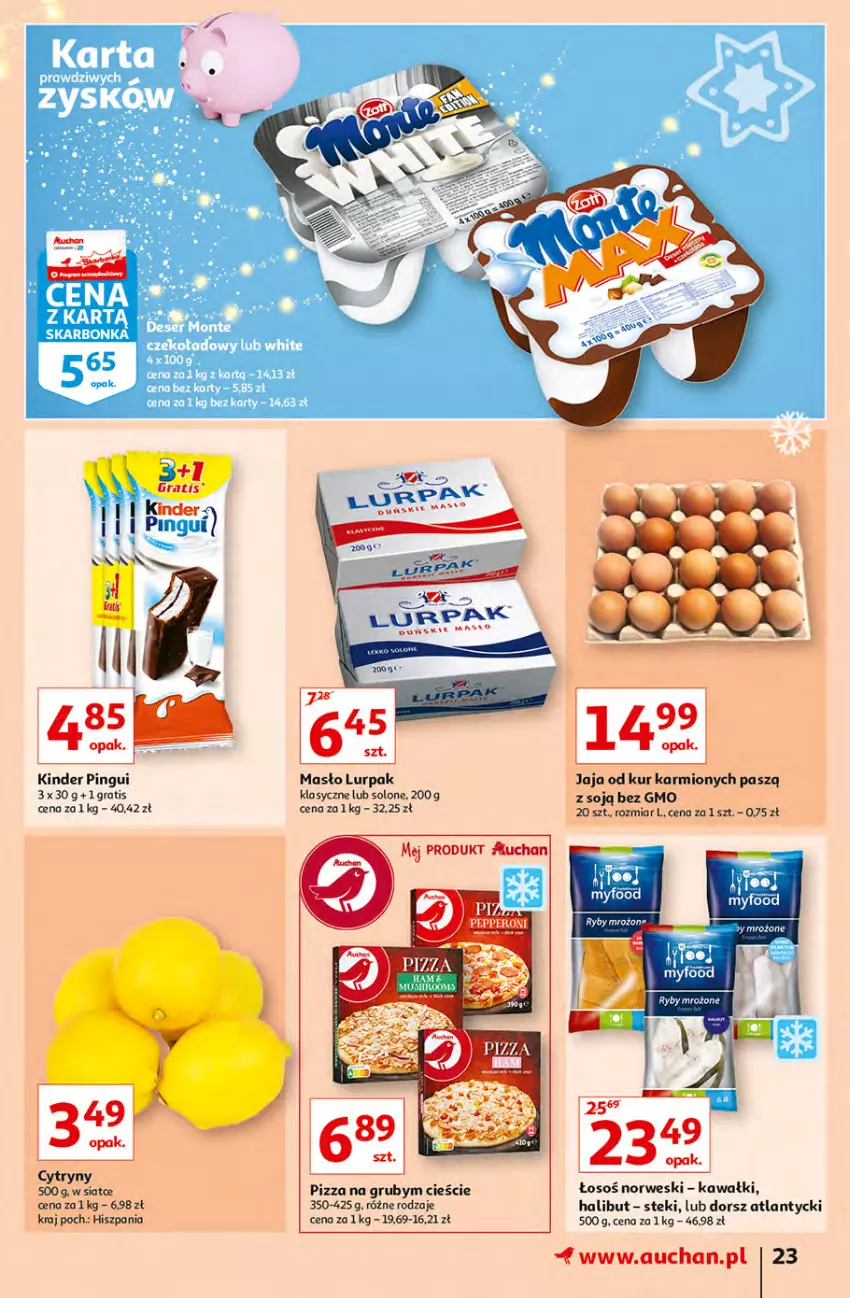 Gazetka promocyjna Auchan - Magia dekoracji Hipermarkety - ważna 25.11 do 01.12.2021 - strona 23 - produkty: Cytryny, Dorsz, Gra, Halibut, Jaja, Karmi, Kawa, Kinder, Lurpak, Masło, Pizza, Stek