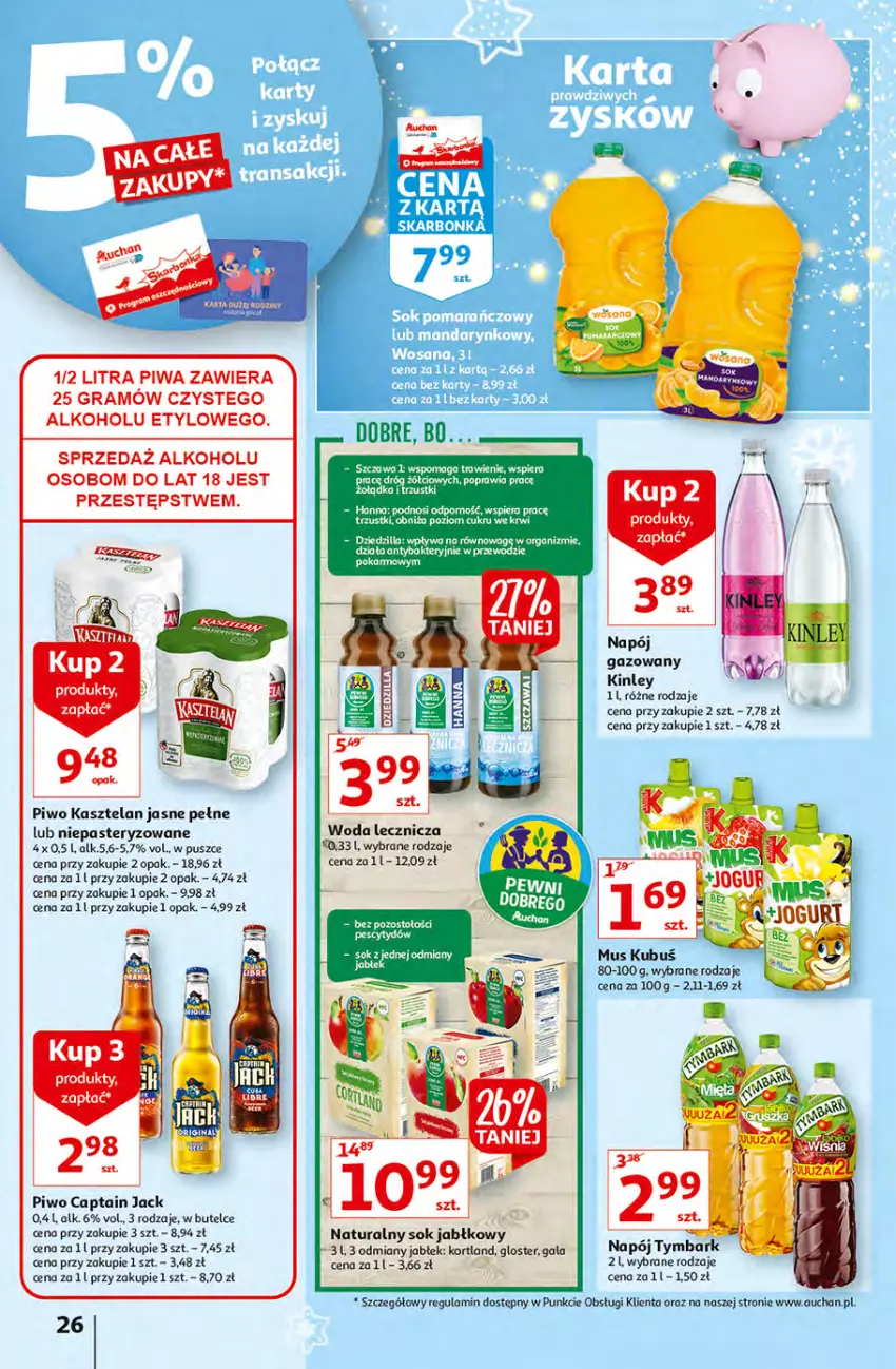 Gazetka promocyjna Auchan - Magia dekoracji Hipermarkety - ważna 25.11 do 01.12.2021 - strona 26 - produkty: Captain Jack, Gala, Gra, Kasztelan, Kubuś, Mus, Napój, Piwa, Piwo, Por, Sok, Sok jabłkowy, Tymbark, Woda, Znicz