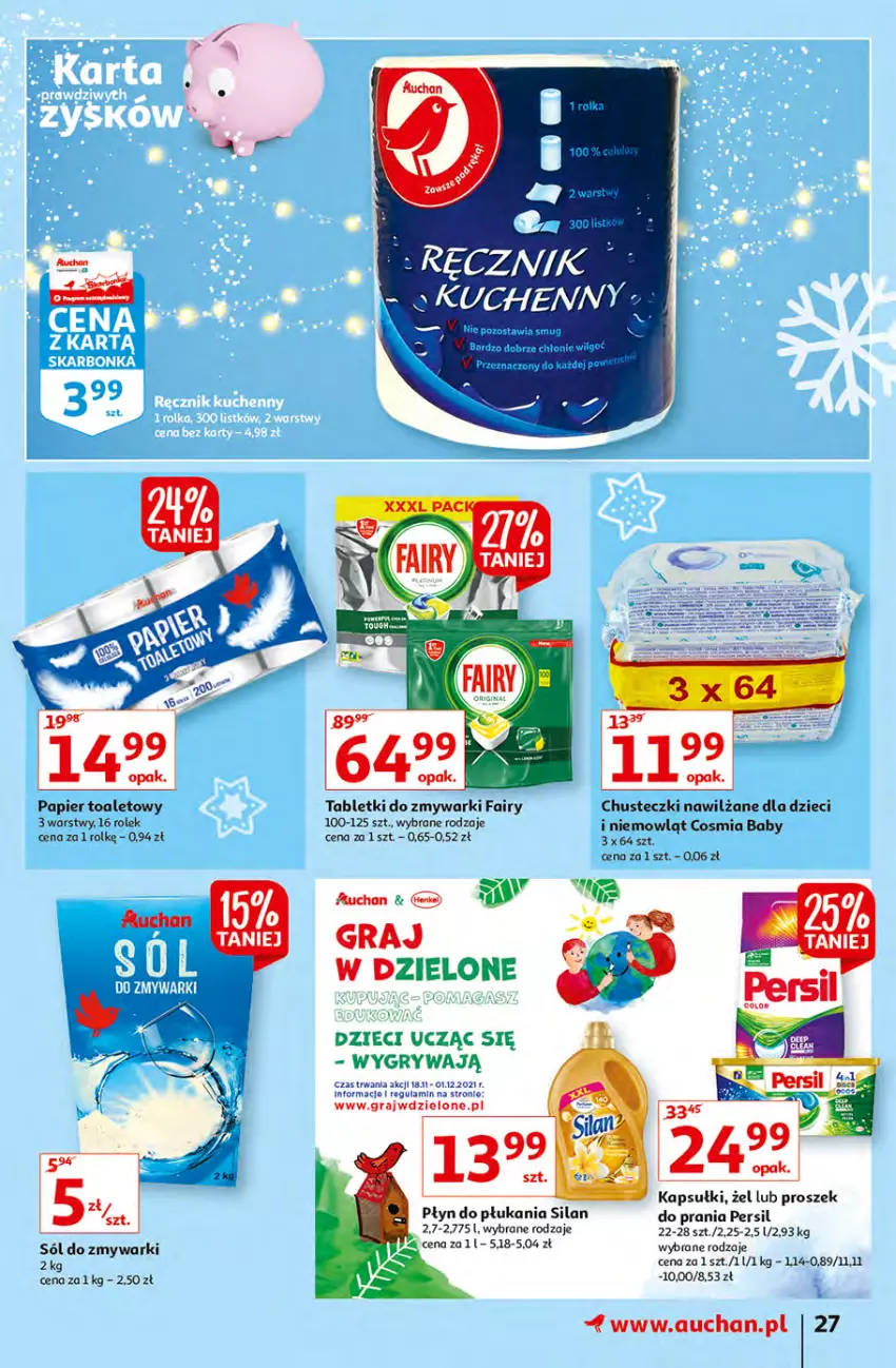 Gazetka promocyjna Auchan - Magia dekoracji Hipermarkety - ważna 25.11 do 01.12.2021 - strona 27 - produkty: Chusteczki, Dzieci, Fa, Fairy, Gra, Gry, LG, Papier, Papier toaletowy, Persil, Płyn do płukania, Silan, Sól, Tablet, Tabletki do zmywarki, Zmywarki