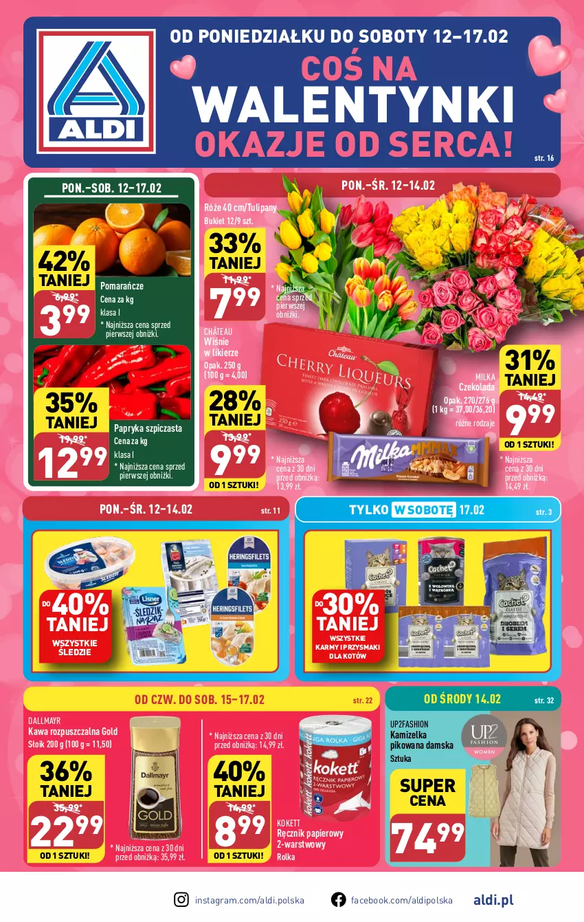 Gazetka promocyjna Aldi - Pełna oferta - ważna 12.02 do 17.02.2024 - strona 1 - produkty: Bukiet, Czekolada, Dallmayr, Fa, Gra, Kamizelka, Kawa, Kawa rozpuszczalna, Likier, Milka, Papier, Papryka, Pomarańcze, Przysmaki, Ręcznik, Ser, Szpic, Tulipan