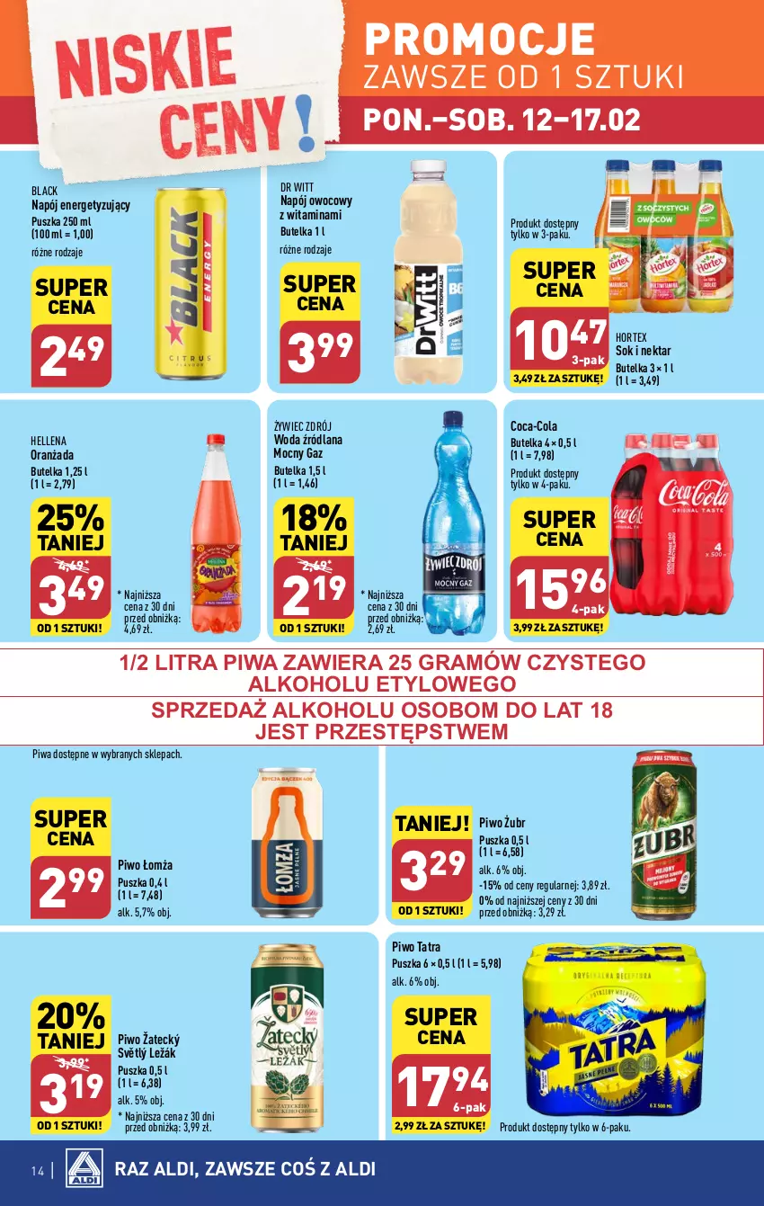 Gazetka promocyjna Aldi - Pełna oferta - ważna 12.02 do 17.02.2024 - strona 14 - produkty: Coca-Cola, Gra, Hellena, Hortex, Lack, LANA, Napój, Nektar, Oranżada, Piwa, Piwo, Sok, Tatra, Woda