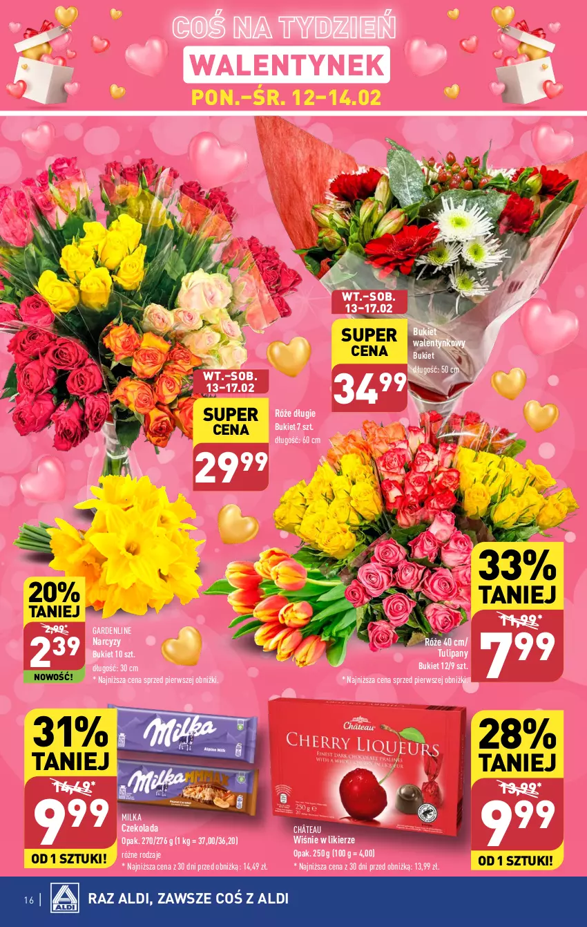 Gazetka promocyjna Aldi - Pełna oferta - ważna 12.02 do 17.02.2024 - strona 16 - produkty: Bukiet, Czekolada, Likier, Milka, Narcyz, Tulipan