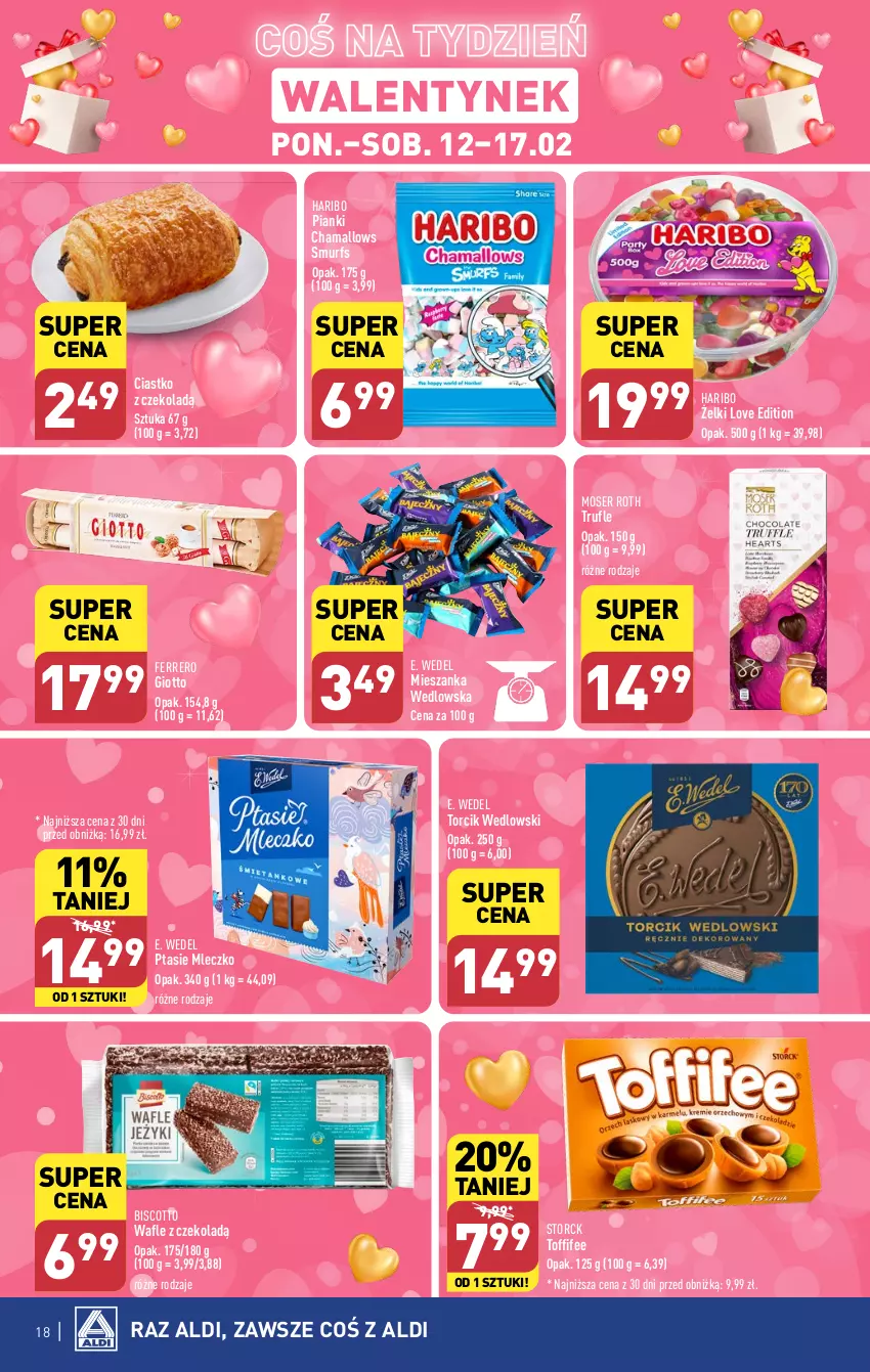 Gazetka promocyjna Aldi - Pełna oferta - ważna 12.02 do 17.02.2024 - strona 18 - produkty: E. Wedel, Ferrero, Hama, Haribo, Mieszanka wedlowska, Mleczko, Moser Roth, Ptasie mleczko, Ser, Toffifee, Wafle