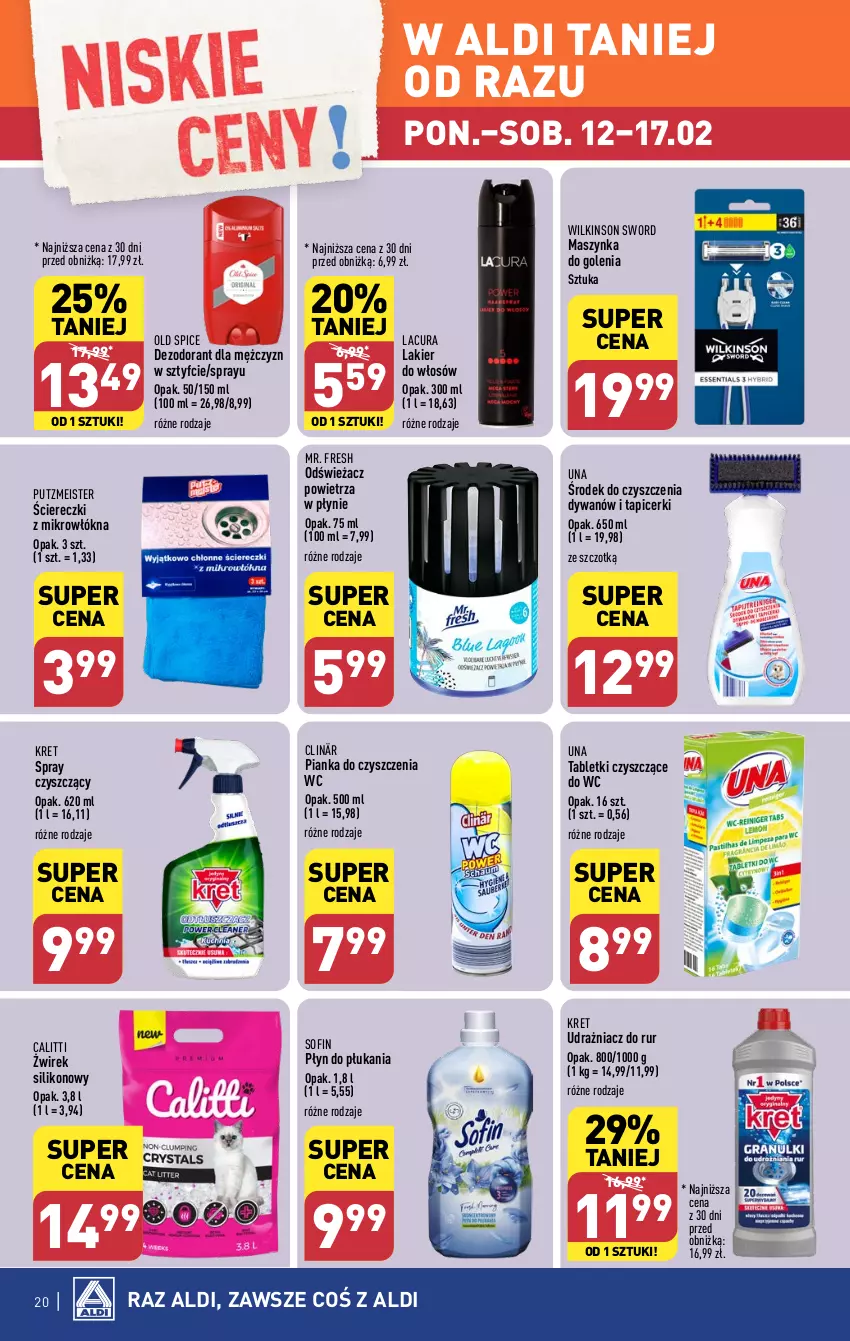 Gazetka promocyjna Aldi - Pełna oferta - ważna 12.02 do 17.02.2024 - strona 20 - produkty: Clin, Dezodorant, Dywan, Kret, Lakier, Lakier do włosów, Maszynka, Maszynka do golenia, Odświeżacz powietrza, Old Spice, Pianka do czyszczenia, Płyn do płukania, Putzmeister, Szynka, Tablet, Wilkinson Sword