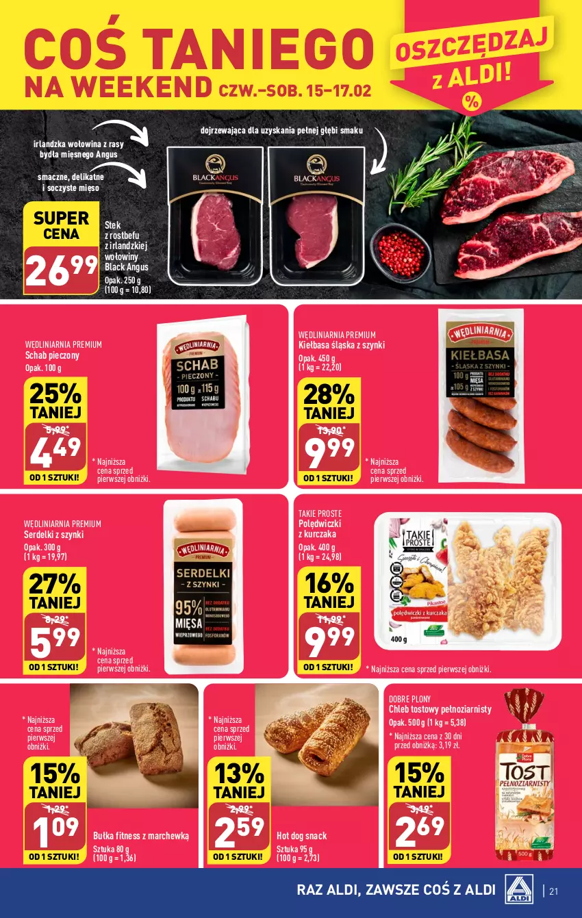 Gazetka promocyjna Aldi - Pełna oferta - ważna 12.02 do 17.02.2024 - strona 21 - produkty: Bułka, Bułka fitness, Chleb, Chleb tostowy, Hot dog, Hot dog snack, Kiełbasa, Kiełbasa śląska, Kurczak, Lack, Mięso, Piec, Polędwiczki z kurczaka, Rostbef, Schab pieczony, Ser, Serdelki, Stek, Wołowina