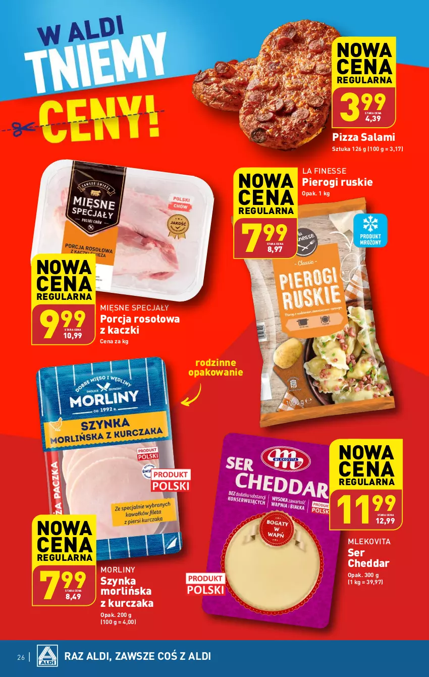 Gazetka promocyjna Aldi - Pełna oferta - ważna 12.02 do 17.02.2024 - strona 26 - produkty: Cheddar, Kurczak, Mięsne specjały, Mleko, Mlekovita, Morliny, Pierogi, Pizza, Por, Salami, Ser, Szynka