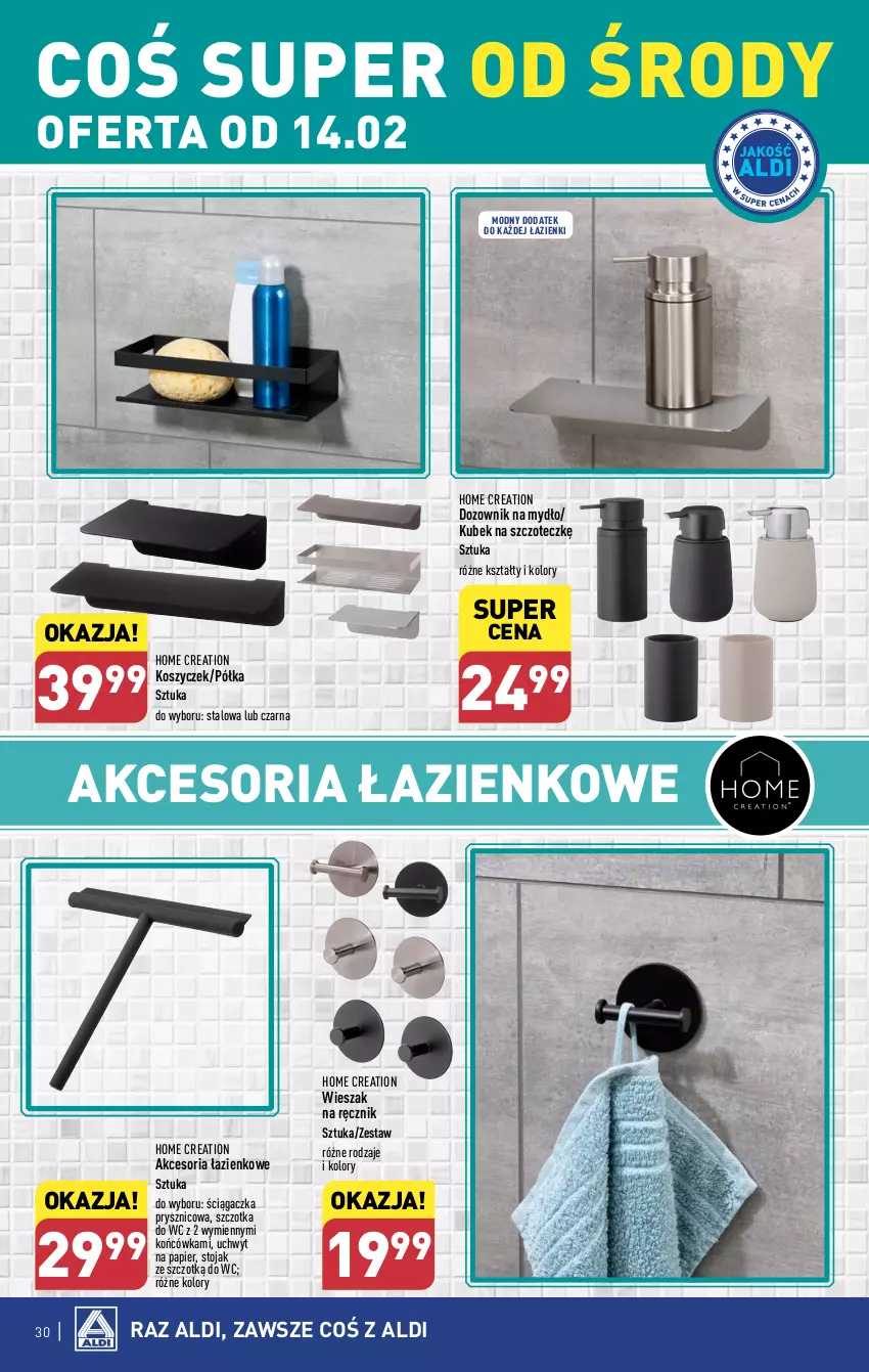 Gazetka promocyjna Aldi - Pełna oferta - ważna 12.02 do 17.02.2024 - strona 30 - produkty: Dozownik, Kosz, Kubek, Mydło, Papier, Półka, Ręcznik, Stojak, Szczotka, Szczotka do WC, Wieszak