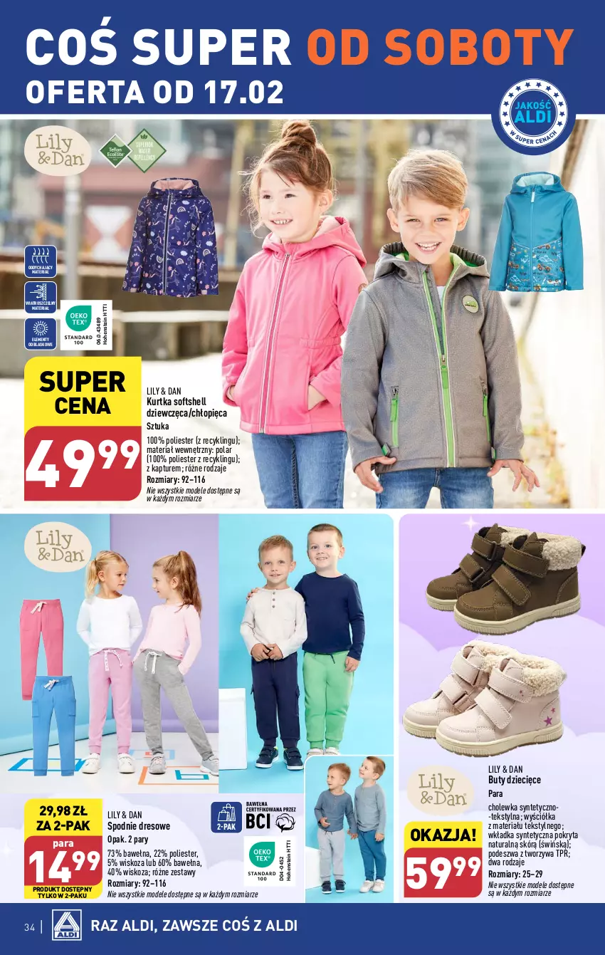 Gazetka promocyjna Aldi - Pełna oferta - ważna 12.02 do 17.02.2024 - strona 34 - produkty: Buty, Dres, Dzieci, Kurtka, Kurtka softshell, Spodnie, Spodnie dresowe, Wełna