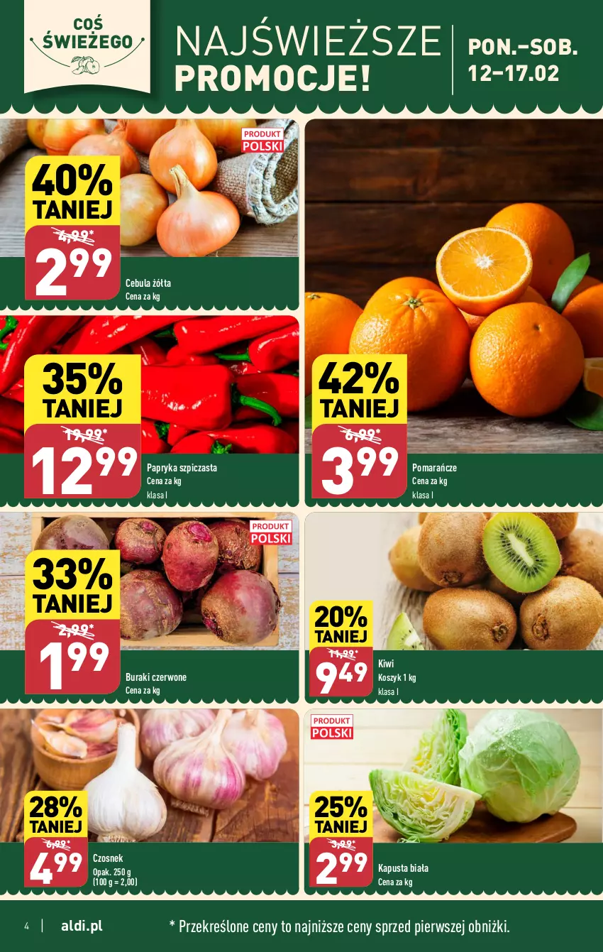 Gazetka promocyjna Aldi - Pełna oferta - ważna 12.02 do 17.02.2024 - strona 4 - produkty: Buraki, Cebula, Czosnek, Kiwi, Kosz, Papryka, Pomarańcze, Szpic