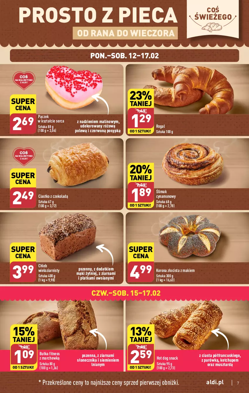 Gazetka promocyjna Aldi - Pełna oferta - ważna 12.02 do 17.02.2024 - strona 7 - produkty: Bułka, Bułka fitness, Chleb, Chleb wieloziarnisty, Hot dog, Hot dog snack, Ketchup, Mus, Pączek, Piec, Rogal, Ser