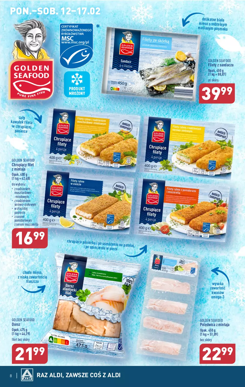 Gazetka promocyjna Aldi - Pełna oferta - ważna 12.02 do 17.02.2024 - strona 8 - produkty: Dorsz, Filet z mintaja, Golden Seafood, Kawa, Mięso, Mintaj, Mozzarella, Mus, Omega-3, Piec, Polędwica, Sandacz, Ser, Sok, Sos, Wałek