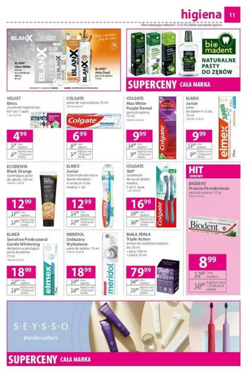 Gazetka promocyjna Hebe - ważna 05.10 do 18.10.2023 - strona 3 - produkty: Biodent, Chusteczki, Colgate, Dzieci, Ecodenta, Elmex, Lack, LG, Pasta do zębów, Perła, Pur, Szczoteczka, Velvet