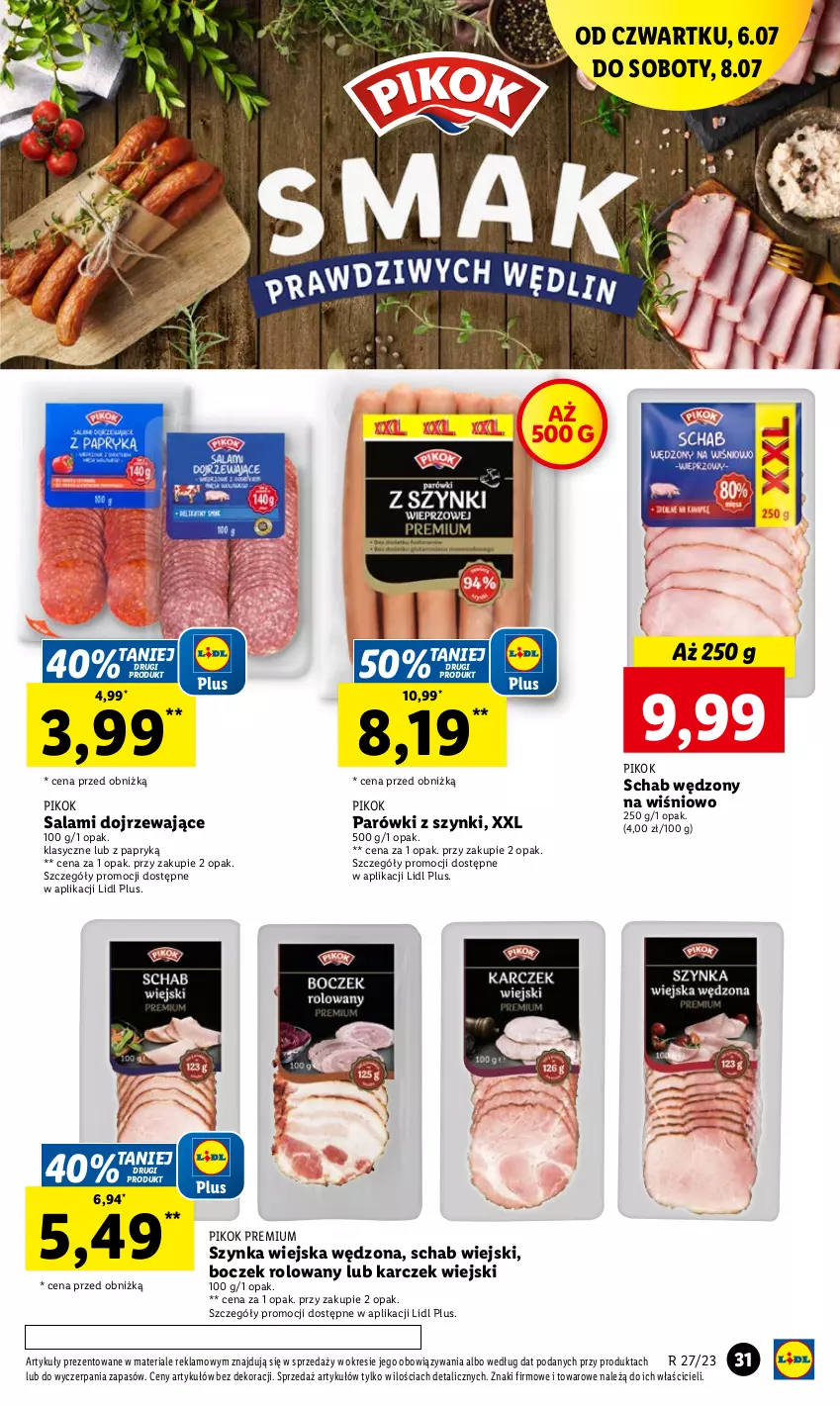 Gazetka promocyjna Lidl - GAZETKA - ważna 06.07 do 08.07.2023 - strona 45 - produkty: Boczek, Parówki, Parówki z szynki, PIKOK, Salami, Szynka