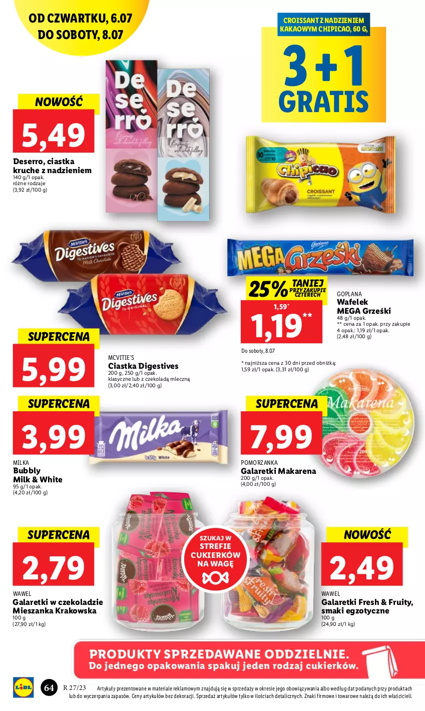 Gazetka promocyjna Lidl - GAZETKA - ważna 06.07 do 08.07.2023 - strona 62 - produkty: Chipicao, Ciastka, Croissant, Cukier, Deser, Gala, Galaretki, Goplana, Gra, Grześki, Kakao, LANA, Milka, Ser, Wafelek, Wawel