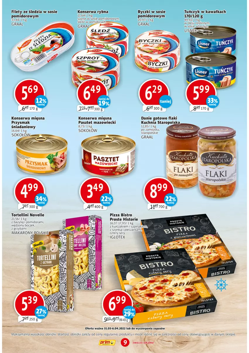 Gazetka promocyjna Prim Market - ważna 31.03 do 06.04.2022 - strona 9 - produkty: Bazyl, Boczek, Danie gotowe, Danio, Flaki, Gra, Graal, Kawa, Kuchnia, Kuchnia Staropolska, Kurczak, Makaron, Olej, Pasztet, Piec, Pieczarka, Pizza, Por, Ser, Sok, Sokołów, Sos, Szpinak, Tuńczyk